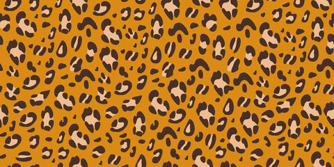Leopard brown seamless pattern. Animalistic print for fabric, paper. Vector hand-drawn background. 