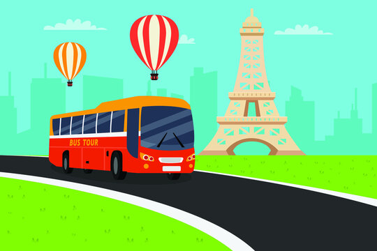 Bus tour vector concept. Bus tour moving on the road with Eiffel tower background