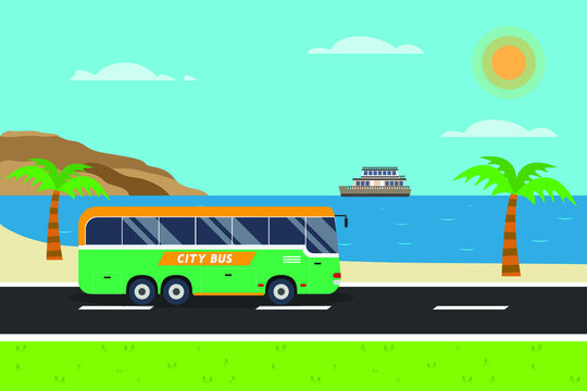 City bus vector concept. City bus moving on the road with beach background