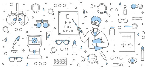 Ophthalmology background with doctor ophthalmologist check vision with eye test chart. Vector hand drawn illustration of man optometrist, glasses, drops and machines for eyesight medical exam