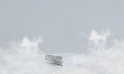 White stone podium on cloud for product presentation. Natural beauty pedestal, relaxation and health, 3d illustration
