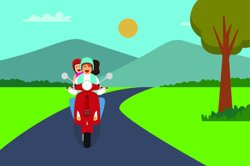 Ride scooter vector concept. Happy young woman embracing her boyfriend while riding a scooter together on the countryside road with mountain background © Creativa Images