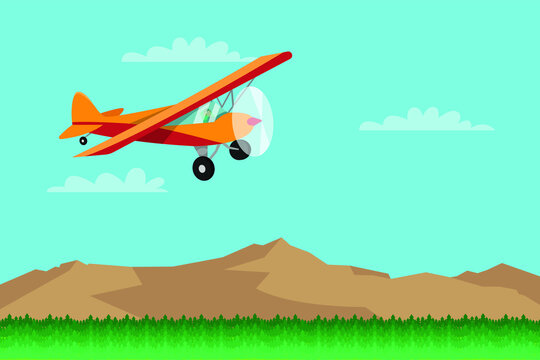 Transportation vector concept. Male pilot riding a plane while flying above green forest