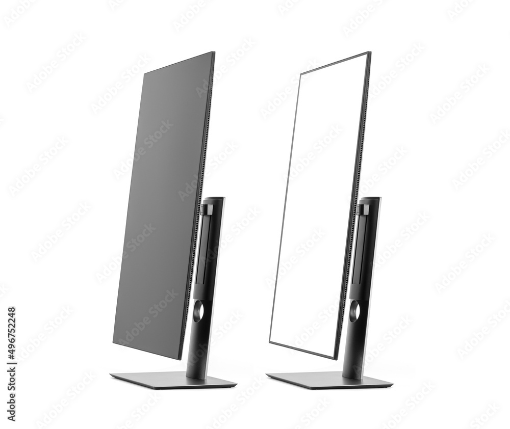 Poster vertical computer monitor with empty screen isolated on white background.