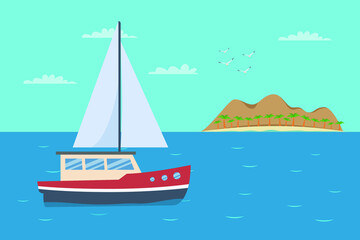 Summer holiday vector concept. Yacht sailing on the sea with island background
