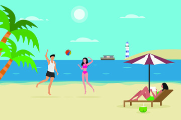 Obraz na płótnie Canvas Summer holiday vector concept. Young couple playing volley ball in the beach while standing with their friend