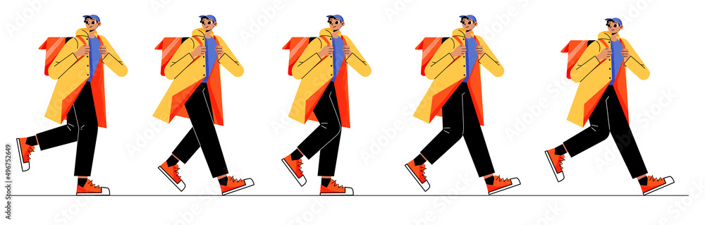Poster courier character walk cycle sequence. vector flat illustration of delivery service worker with back