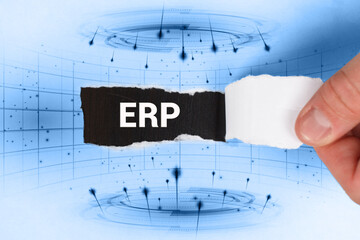 Business, technology, internet and network concept. Young businessman thinks over the steps for successful growth: ERP