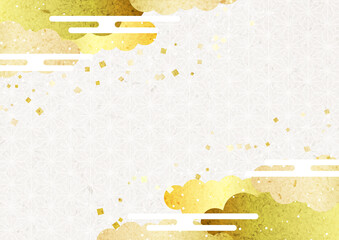 金箔雲と麻の葉模様の和風フレームヨコ