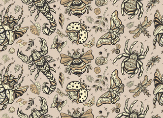 Insects background. Seamless pattern. Stag beetle, bee, bumblebee, butterfly, snail, scorpion, ladybug