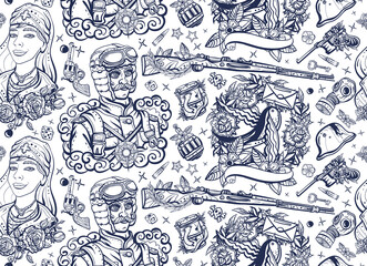 World War One. Traditional tattooing style. Military pilot in uniform, beautiful nurse, letter swallow, weapon. Old school tattoo seamless pattern. Love of soldier. WW1. People, history and battles