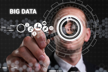 Business, technology, internet and network concept. Young businessman thinks over the steps for successful growth: Big data