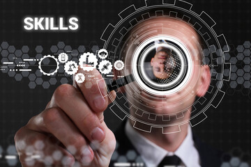 Business, technology, internet and network concept. Young businessman thinks over the steps for successful growth: Skills