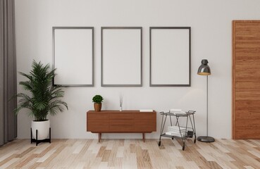 Three empty photo frame for mockup in empty white room. 3D rendering..