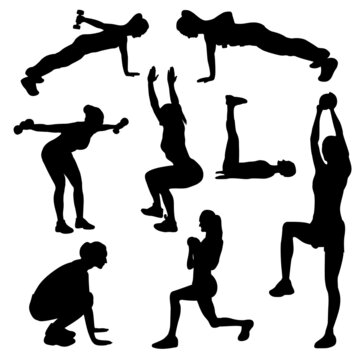 Set of vector silhouettes of  woman doing fitness, sport and yoga workout isolated on white. Sportive  girl practicing exercises in different positions.