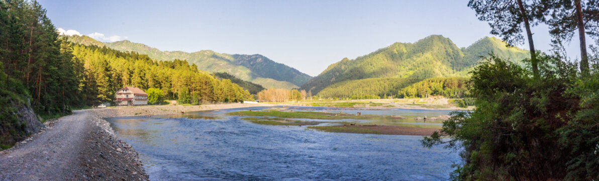 Panorama of Chemal river and Camel mountain in Altai