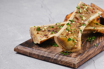 Homemade roasted beef bone marrow, closeup