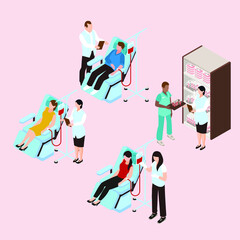 Volunteers sitting in medical hospital chairs donating blood isometric 3d vector illustration for banner, website, illustration, landing page, template, etc