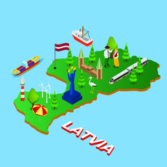 Latvian family in national dress standing on latvia map with topographic details isometric 3d vector illustration for banner, website, illustration, landing page, template, etc - obrazy, fototapety, plakaty