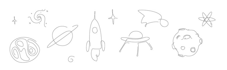 Space one line set. Cosmos line art set. Outline Planets and Galaxy vector illustration. One line moon and rocket brush collection.