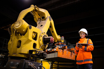 Fototapeta premium Female factory worker in safety equipment standing by industrial robot machine and watching manufacturing process on tablet computer.