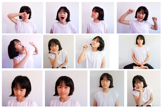 Set of several photos of girls in white shirts showing different poses on white plaster background.