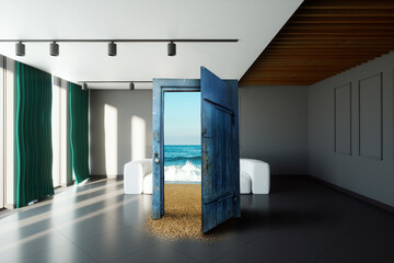Open the door to a new better world, seascape. Open door from the office to the sea. New path,...