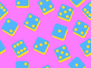 Casino dice pop art style seamless pattern. The dice are scattered on the casino gaming table. Gambling tool. Template design for banners, posters and promotional materials. Vector illustration