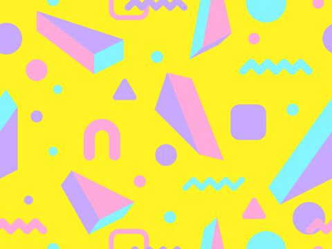 3d and 2d geometric shapes seamless pattern in 80s style. Memphis style elements with geometric shapes and vibrant colors. Design for promotional products, banners and posters. Vector illustration