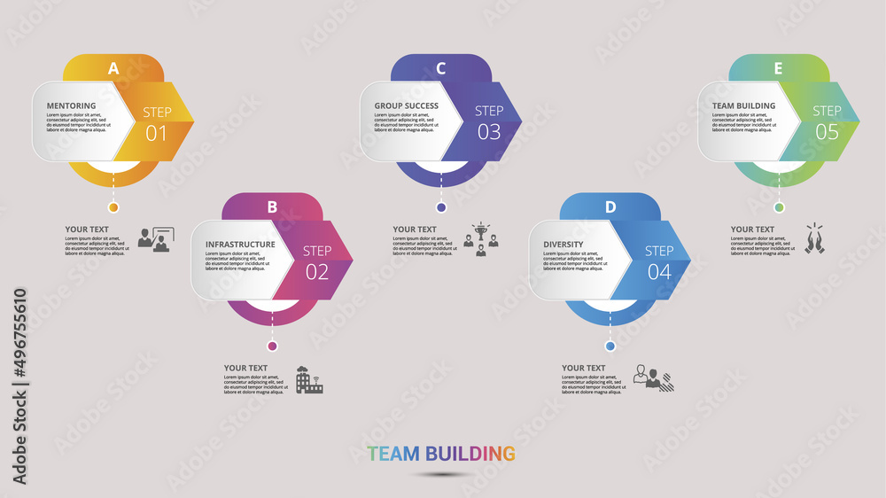 Poster infographic team building icons vector illustration. 5 colored steps info template with editable tex