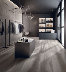 Modern interior design of room with wood textue tiles, luxurious interior background.