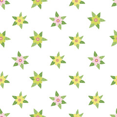 Vector seamless pattern with daisy flowers and leaves. Great for fabric, wrapping papers, Easter design. Hand drawn flat illustration on white background.