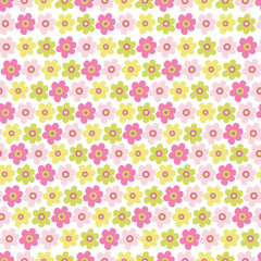Vector seamless pattern with colorful daisy flowers. Great for fabric, wrapping papers, Easter design. Hand drawn flat illustration on white background.