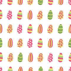 Vector seamless pattern with colorful Easter eggs. Great for fabric, wrapping papers. Hand drawn flat  illustration on white background.