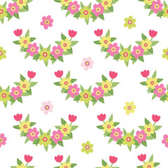 Vector seamless pattern with colorful daisy and tulip flowers. Great for fabric, wrapping papers, Easter design. Hand drawn flat illustration on white background.