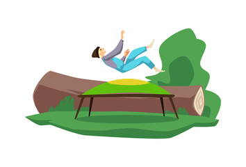 Smiling man or teenager jumping on trampoline outdoors, flat vector illustration isolated on white background.