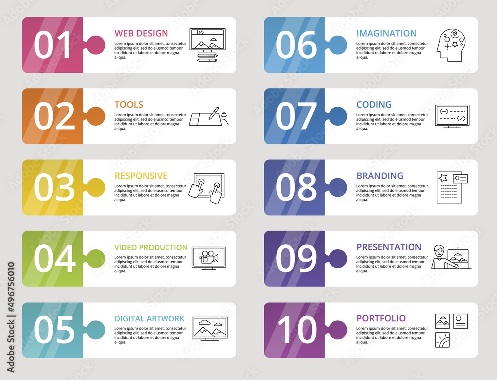 Poster infographic web design icons vector illustration. 10 colored steps info template with editable text.
