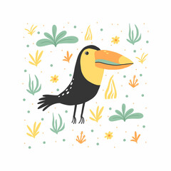 Obraz na płótnie Canvas Cute toucan with plants. Children's poster with a toucan. Bird with a big beak.Hand drawing. Vector illustration. Suitable for prints, postcards, posters.