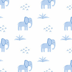 Childish seamless pattern with cute elephant. Drawn pattern with blue elephant and plants.