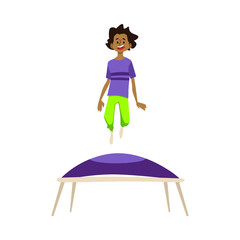 Smiling character jumping high on trampoline, flat vector illustration isolated on white background.
