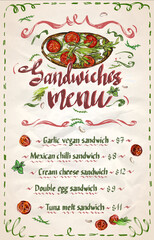 Sandwiches display menu, hand drawn vector graphic sketch illustration mockup