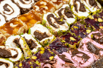 Turkish delight varieties with filling in close-up. Delight of traditional Turkish cuisine, Turkish delight.