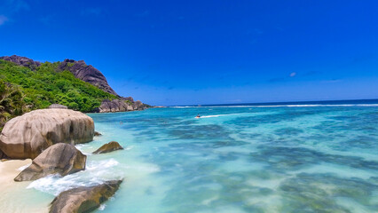 Anse Source Argent, La Digue. Amazing aerial view from drone on a beautiful sunny day