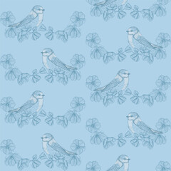 Seamless pattern with sparrow birds sitting on flower branches
