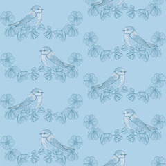 Seamless pattern with sparrow birds sitting on flower branches