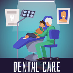 KIds dental care advertising poster or flyer template, flat vector illustration.