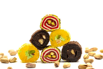 Assortment of Turkish delight with pistachio isolated on a white background. close up