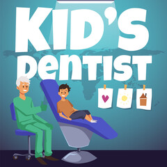 Happy boy sits in dentists chair with doctor, square poster or social media post template, flat vector illustration.