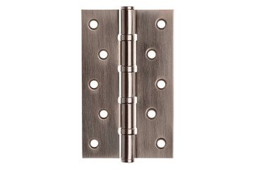 Door hinges made of metal on a white isolated background. Hinges for doors of a room, apartment, office, warehouse and other premises. Fastening for doors on the frame and on the wall.