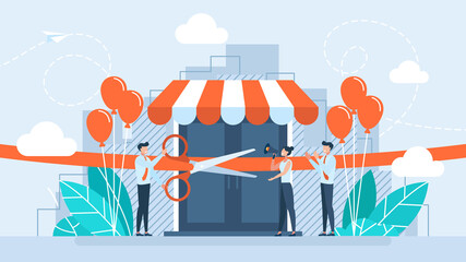Grand opening concept. A businessman holding scissors in his hand cuts a red ribbon. Advertising new business. The ceremony, celebration, presentation and event. Vector illustration flat design. - obrazy, fototapety, plakaty